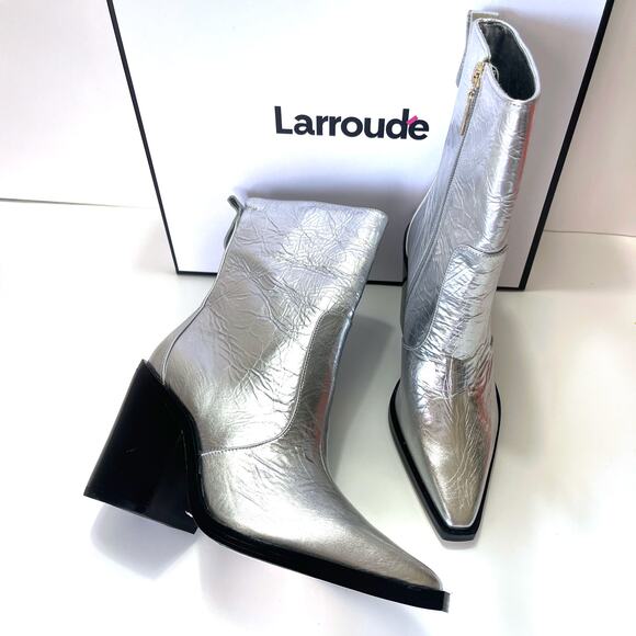 LARROUDE NWT James Crinkled Metallic Leather Boots in Silver Size 8.5 - Picture 2 of 14